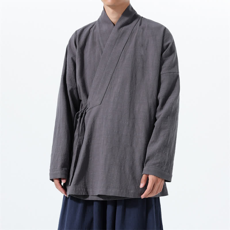 Buddha Stones Fall Winter Simple Tang Style Drawstring Solid Cotton Men's Kimono With Pocket - DimGray - US/UK/AU46,EU56 (5XL) - image 7