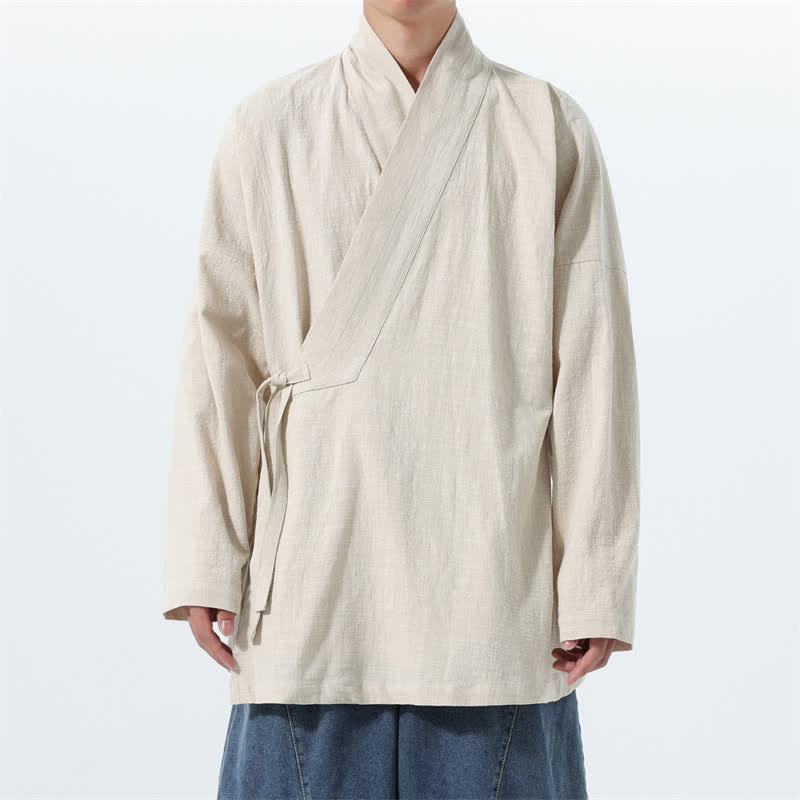Buddha Stones Fall Winter Simple Tang Style Drawstring Solid Cotton Men's Kimono With Pocket - Beige - US/UK/AU46,EU56 (5XL) - image 17