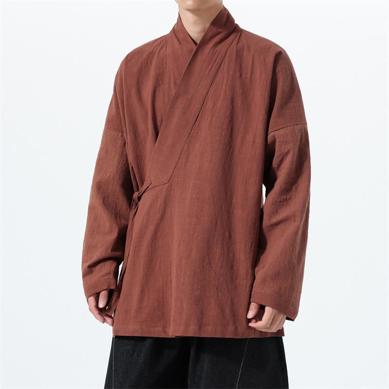 Buddha Stones Fall Winter Simple Tang Style Drawstring Solid Cotton Men's Kimono With Pocket - Sienna - US/UK/AU46,EU56 (5XL) - image 27