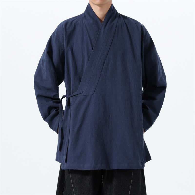 Buddha Stones Fall Winter Simple Tang Style Drawstring Solid Cotton Men's Kimono With Pocket - Navy - US/UK/AU46,EU56 (5XL) - image 0