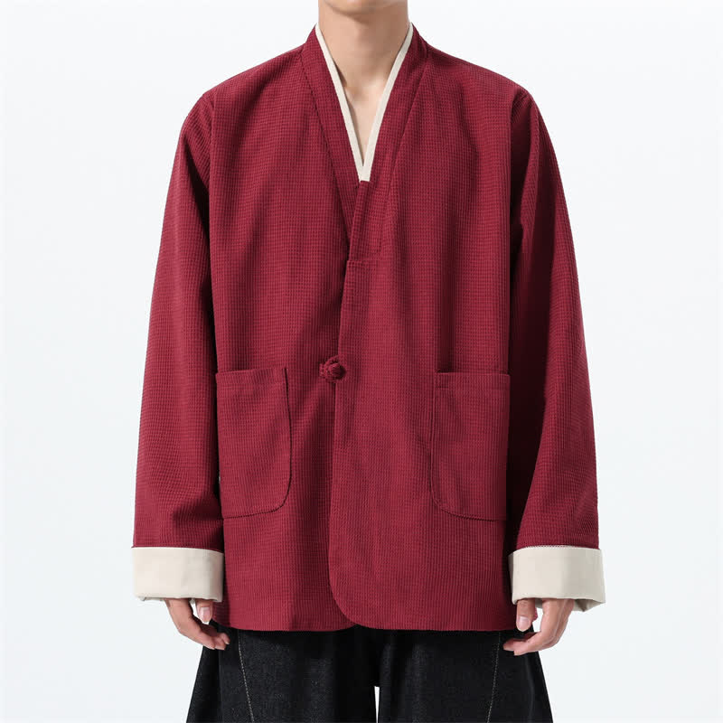 Buddha Stones Fall Casual Tang Style Frog Button V-Neck Solid Men's Jacket With Pockets - Maroon - US/UK/AU46,EU56 (5XL) - image 0