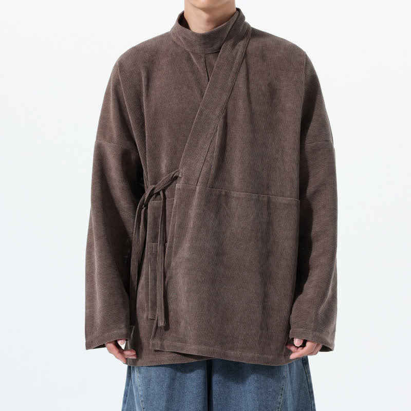 Buddha Stones Fall Winter Casual Tang Style Mandarin Collar Solid Men's Kimono With Pocket - SaddleBrown - US/UK/AU46,EU56 (5XL) - image 0