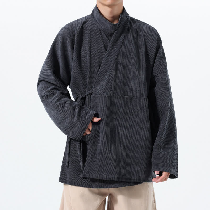 Buddha Stones Fall Winter Casual Tang Style Mandarin Collar Solid Men's Kimono With Pocket - DimGray - US/UK/AU46,EU56 (5XL) - image 7