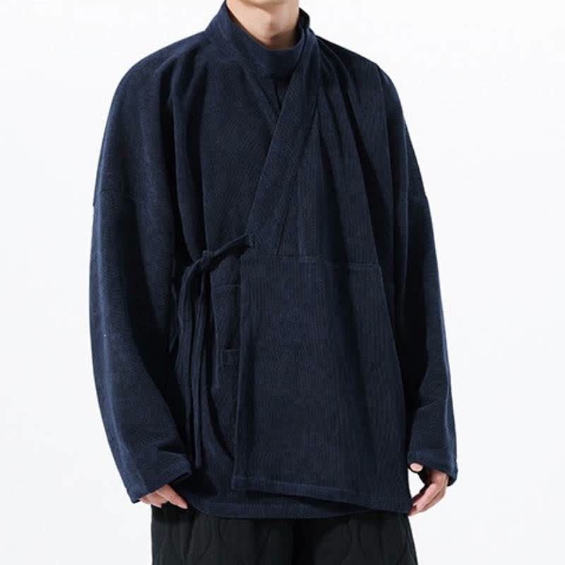 Buddha Stones Fall Winter Casual Tang Style Mandarin Collar Solid Men's Kimono With Pocket - Navy - US/UK/AU46,EU56 (5XL) - image 15