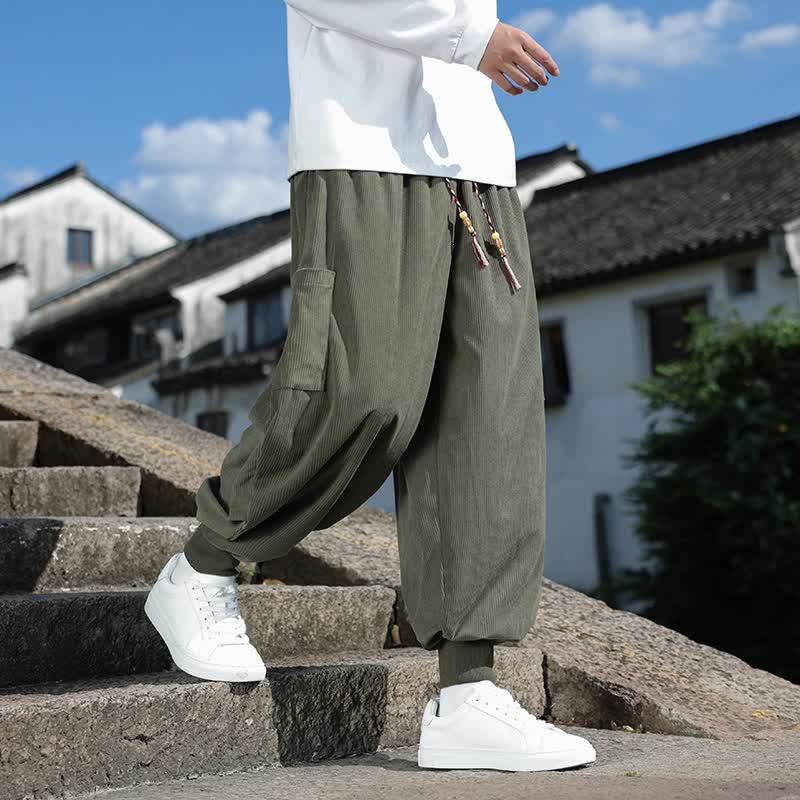 Buddha Stones Fall Winter Casual Vintage Drawstring Solid Ankle Pants Men's Tapered Pants With Pockets - OliveDrab - US/UK/AU46,EU56 (5XL) - image 0