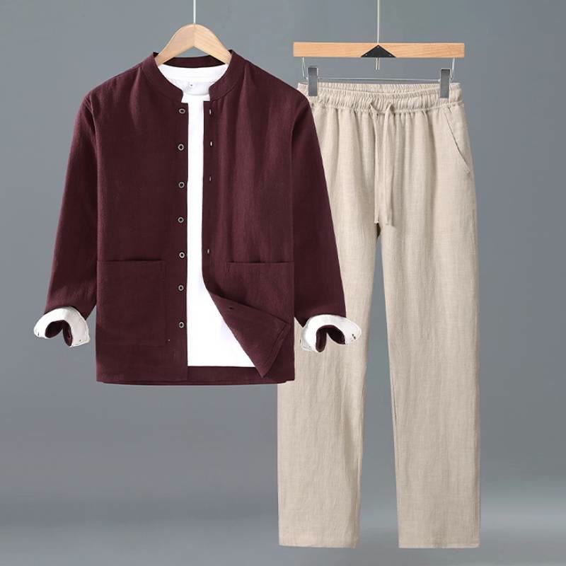 Buddha Stones Spring Fall Tang Style Minimalist Button-Up Solid Ramie Long Sleeve Shirt Pants Men's Meditation Cloth With Pockets - Maroon Shirt Beige Pants - US/UK/AU42,EU52 (3XL) - image 10
