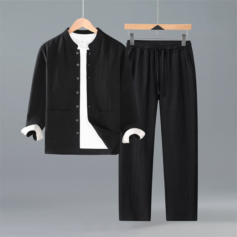 Buddha Stones Spring Fall Tang Style Minimalist Button-Up Solid Ramie Long Sleeve Shirt Pants Men's Meditation Cloth With Pockets - Black Shirt Pants - US/UK/AU42,EU52 (3XL) - image 9