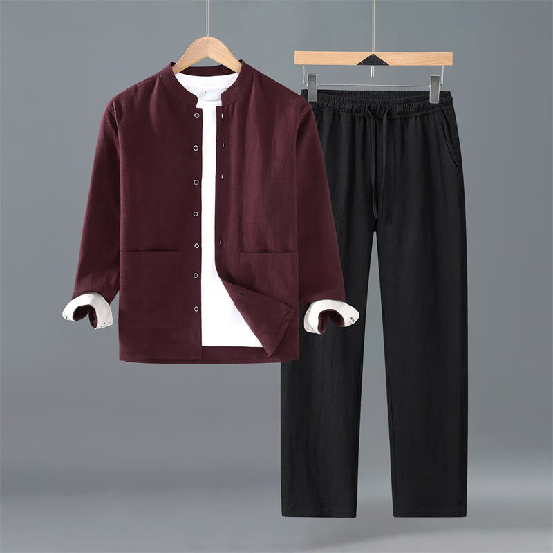 Buddha Stones Spring Fall Tang Style Minimalist Button-Up Solid Ramie Long Sleeve Shirt Pants Men's Meditation Cloth With Pockets - Maroon Shirt Black Pants - US/UK/AU42,EU52 (3XL) - image 11