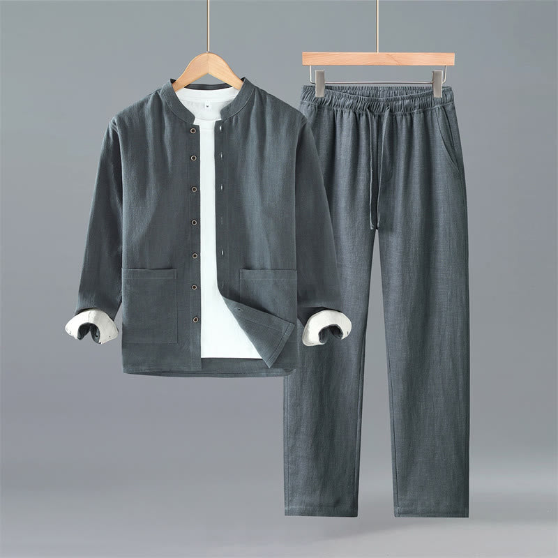 Buddha Stones Spring Fall Tang Style Minimalist Button-Up Solid Ramie Long Sleeve Shirt Pants Men's Meditation Cloth With Pockets - DimGray Shirt Pants - US/UK/AU42,EU52 (3XL) - image 12