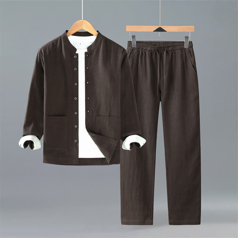 Buddha Stones Spring Fall Tang Style Minimalist Button-Up Solid Ramie Long Sleeve Shirt Pants Men's Meditation Cloth With Pockets - SaddleBrown Shirt Pants - US/UK/AU42,EU52 (3XL) - image 0