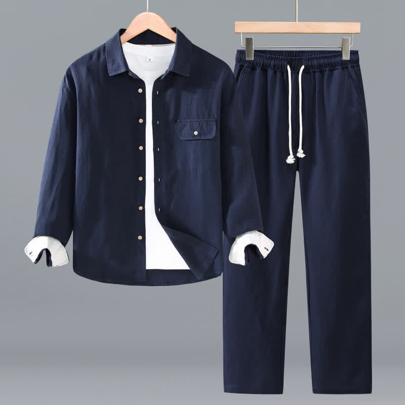 Buddha Stones Spring Fall Casual Minimalist Button-Up Long Sleeve Shirt Drawstring Pants Solid Men's Meditation Cloth With Pocket - Navy - US/UK/AU42,EU52 (3XL) - image 0