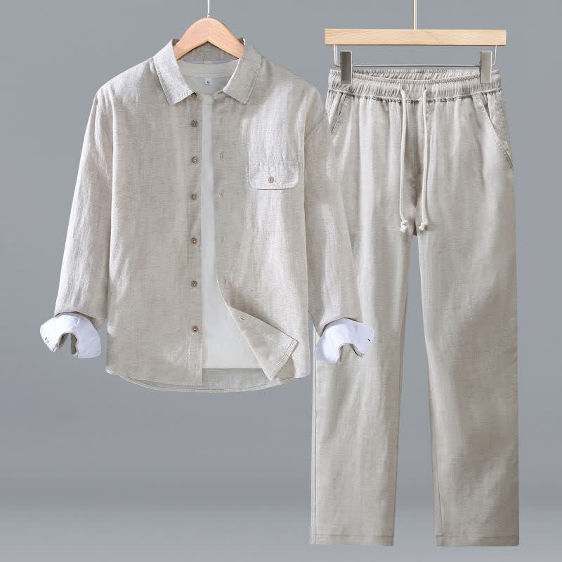 Buddha Stones Spring Fall Casual Minimalist Button-Up Long Sleeve Shirt Drawstring Pants Solid Men's Meditation Cloth With Pocket - Beige - US/UK/AU42,EU52 (3XL) - image 1