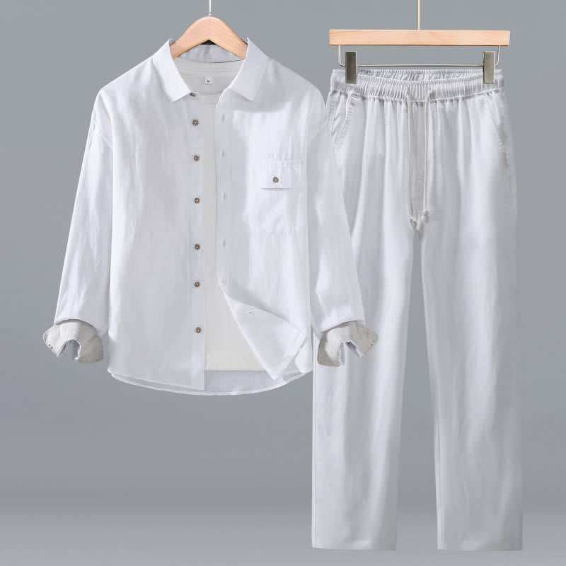 Buddha Stones Spring Fall Casual Minimalist Button-Up Long Sleeve Shirt Drawstring Pants Solid Men's Meditation Cloth With Pocket - White - US/UK/AU42,EU52 (3XL) - image 16