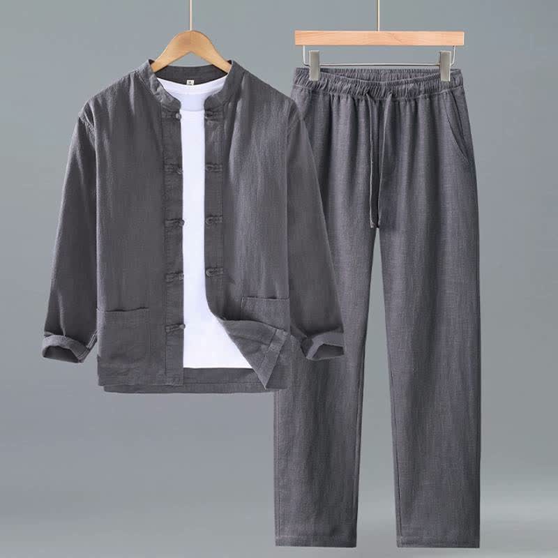 Buddha Stones Spring Fall Tang Style Mandarin Collar Solid Ramie Shirt Pants Men's Meditation Cloth With Pockets - DimGray - US/UK/AU42,EU52 (3XL) - image 10