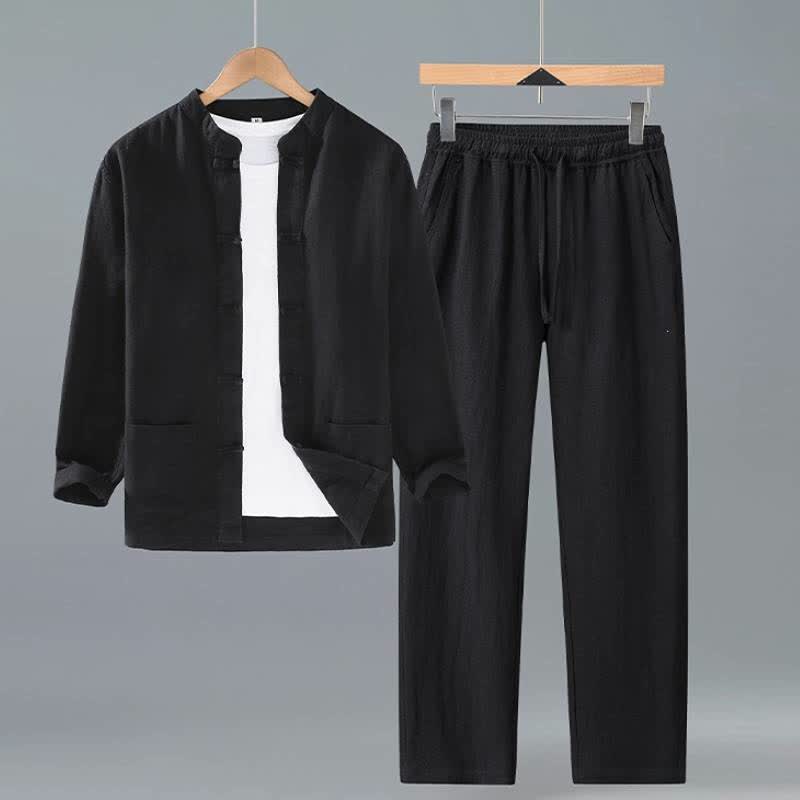 Buddha Stones Spring Fall Tang Style Mandarin Collar Solid Ramie Shirt Pants Men's Meditation Cloth With Pockets - Black - US/UK/AU42,EU52 (3XL) - image 9