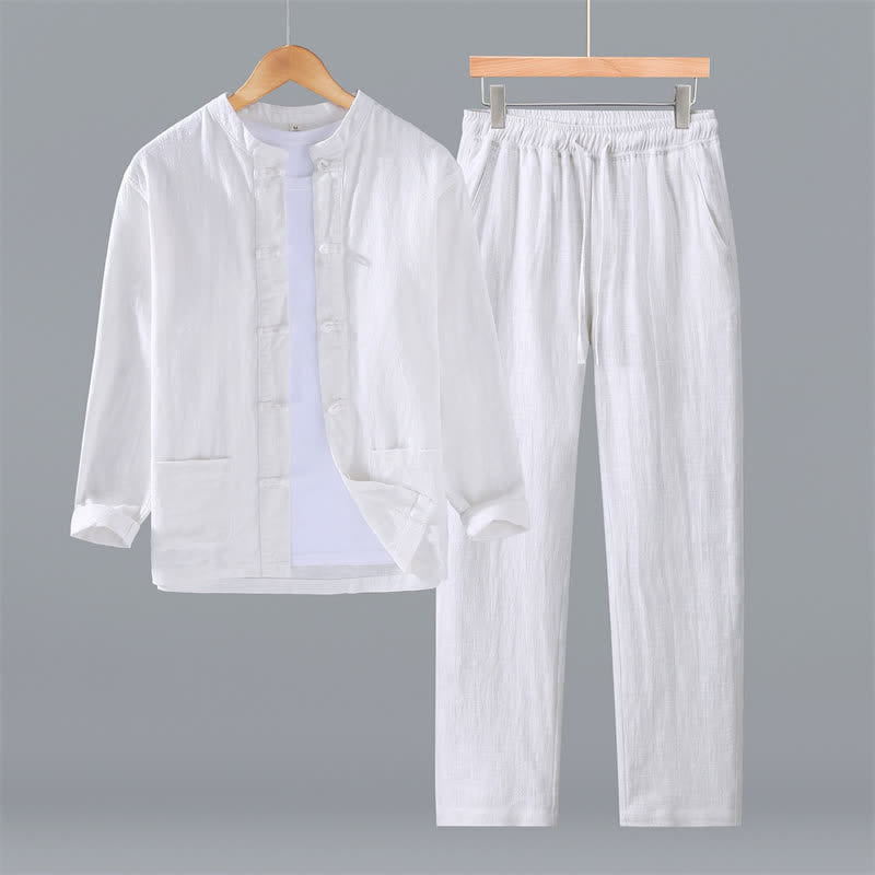 Buddha Stones Spring Fall Tang Style Mandarin Collar Solid Ramie Shirt Pants Men's Meditation Cloth With Pockets - White - US/UK/AU42,EU52 (3XL) - image 13