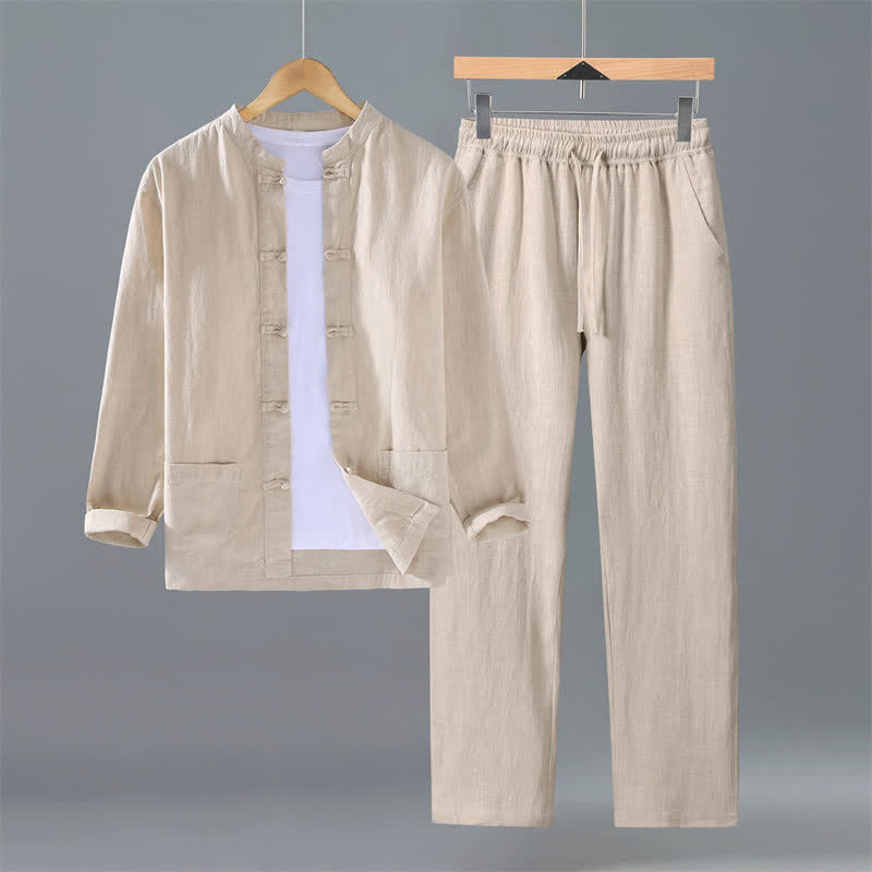 Buddha Stones Spring Fall Tang Style Mandarin Collar Solid Ramie Shirt Pants Men's Meditation Cloth With Pockets - Beige - US/UK/AU42,EU52 (3XL) - image 0