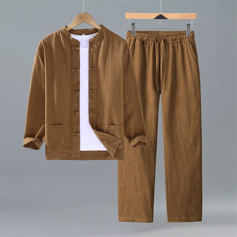 Buddha Stones Spring Fall Tang Style Mandarin Collar Solid Ramie Shirt Pants Men's Meditation Cloth With Pockets - Peru - US/UK/AU42,EU52 (3XL) - image 12