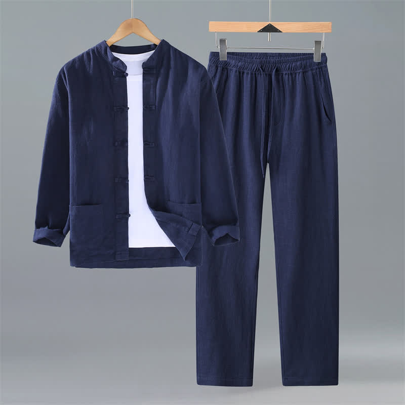 Buddha Stones Spring Fall Tang Style Mandarin Collar Solid Ramie Shirt Pants Men's Meditation Cloth With Pockets - Navy - US/UK/AU42,EU52 (3XL) - image 11