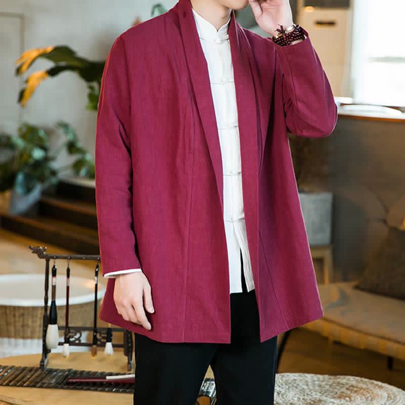Buddha Stones Fall Winter Casual Tang Style Solid Cotton Long Sleeve Men's Kimonos - FireBrick - US/UK/AU46,EU56 (5XL) - image 17