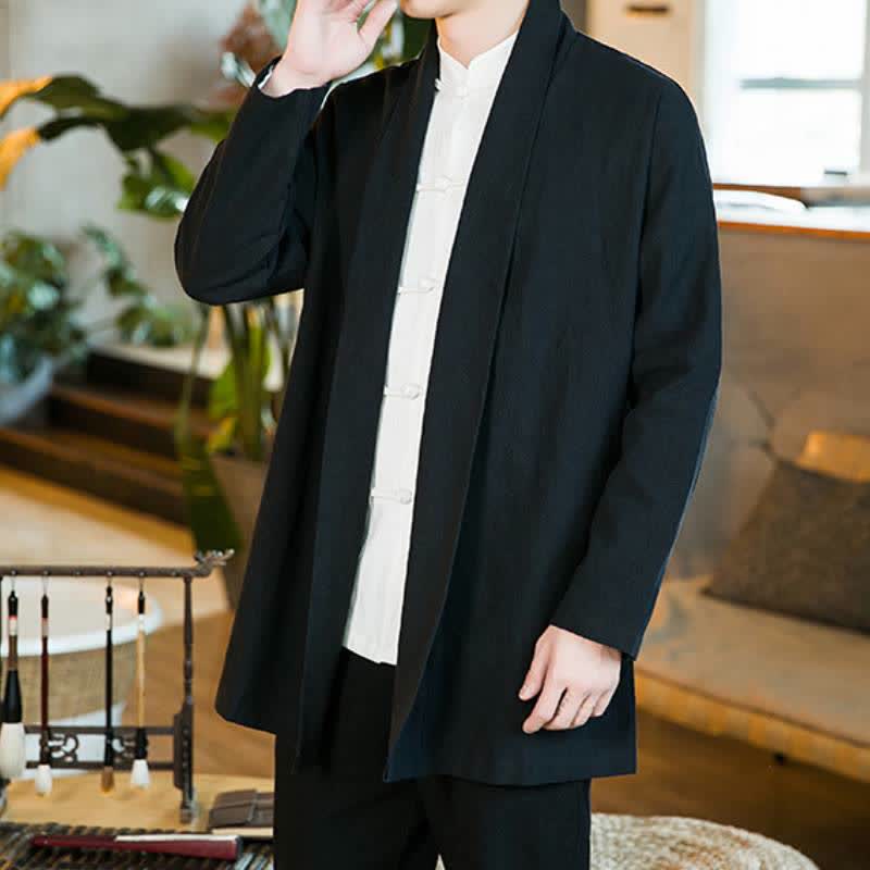 Buddha Stones Fall Winter Casual Tang Style Solid Cotton Long Sleeve Men's Kimonos - Black - US/UK/AU46,EU56 (5XL) - image 6