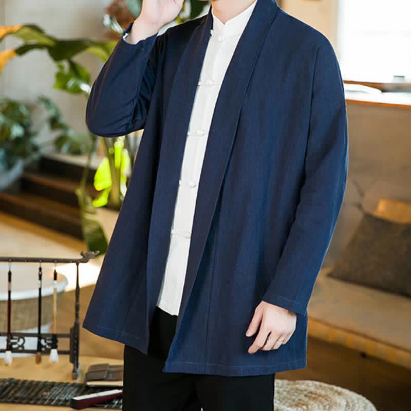 Buddha Stones Fall Winter Casual Tang Style Solid Cotton Long Sleeve Men's Kimonos - MidnightBlue - US/UK/AU46,EU56 (5XL) - image 12