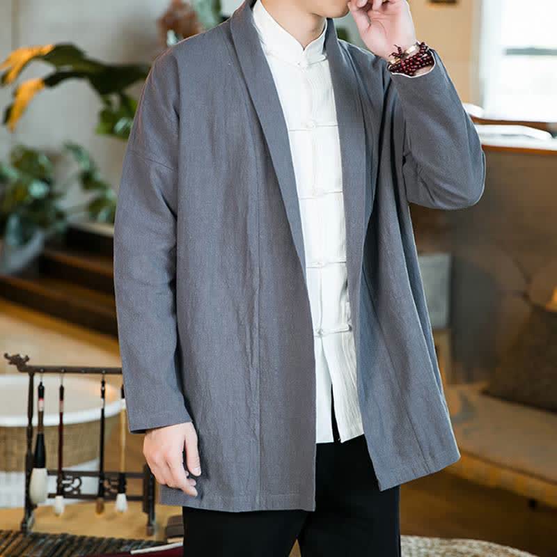 Buddha Stones Fall Winter Casual Tang Style Solid Cotton Long Sleeve Men's Kimonos - SlateGray - US/UK/AU46,EU56 (5XL) - image 0