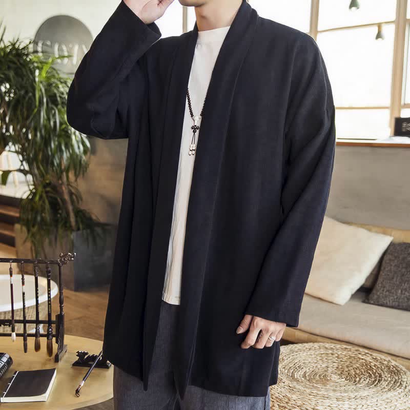 Buddha Stones Fall Winter Casual Minimalist Solid Knit Long Sleeve Men's Kimonos - Black - US/UK/AU42,EU52 (3XL) - image 10
