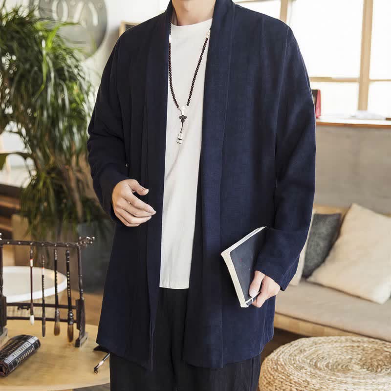Buddha Stones Fall Winter Casual Minimalist Solid Knit Long Sleeve Men's Kimonos - MidnightBlue - US/UK/AU42,EU52 (3XL) - image 0