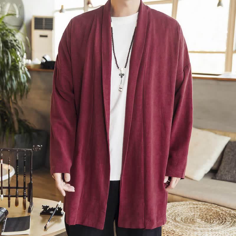 Buddha Stones Fall Winter Casual Minimalist Solid Knit Long Sleeve Men's Kimonos - Maroon - US/UK/AU42,EU52 (3XL) - image 5