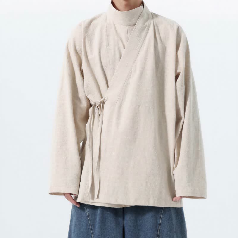 Buddha Stones Fall Winter Casual Tang Style Mandarin Collar Solid Cotton Long Sleeve Men's Kimonos - Beige - US/UK/AU46,EU56 (5XL) - image 13