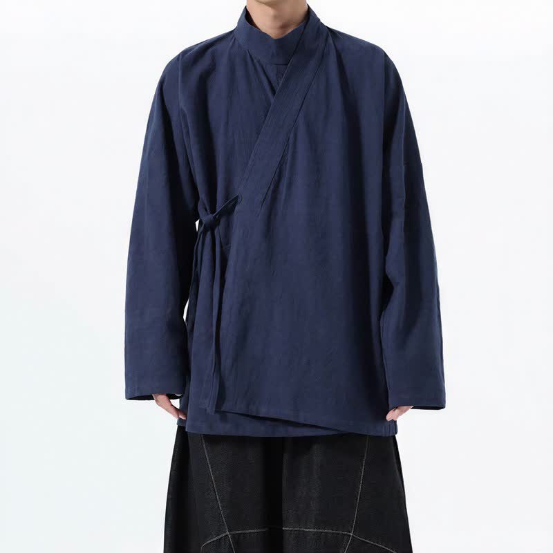 Buddha Stones Fall Winter Casual Tang Style Mandarin Collar Solid Cotton Long Sleeve Men's Kimonos - MidnightBlue - US/UK/AU46,EU56 (5XL) - image 0