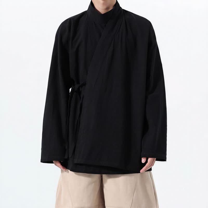 Buddha Stones Fall Winter Casual Tang Style Mandarin Collar Solid Cotton Long Sleeve Men's Kimonos - Black - US/UK/AU46,EU56 (5XL) - image 8