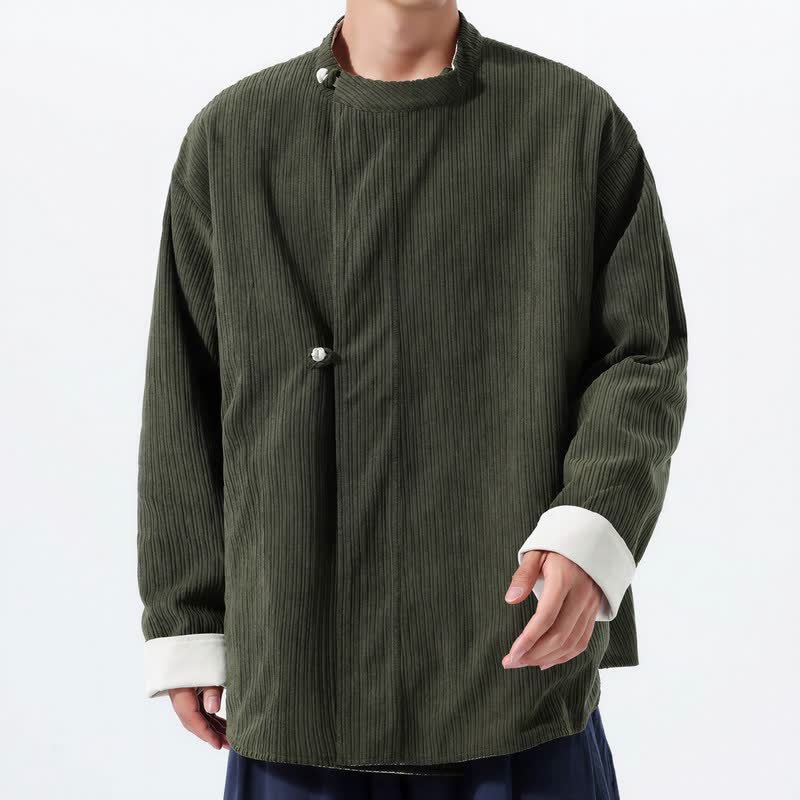 Buddha Stones Fall Winter Casual Tang Style Mandarin Collar Solid Corduroy Reversible Men's Jackets With Pocket - DarkOliveGreen - US/UK/AU46,EU56 (5XL) - image 0