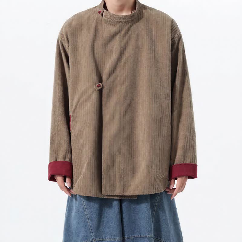 Buddha Stones Fall Winter Casual Tang Style Mandarin Collar Solid Corduroy Reversible Men's Jackets With Pocket - Khaki - US/UK/AU46,EU56 (5XL) - image 18
