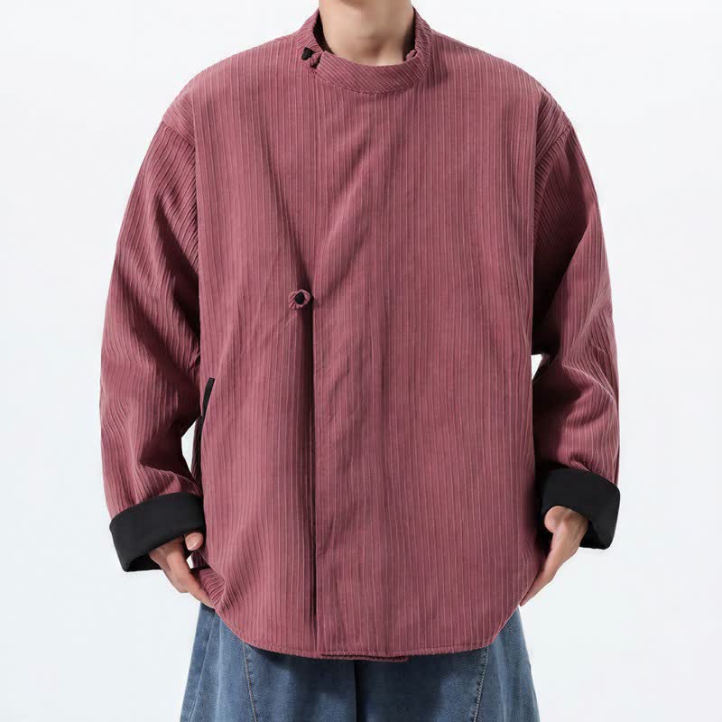 Buddha Stones Fall Winter Casual Tang Style Mandarin Collar Solid Corduroy Reversible Men's Jackets With Pocket - Pink - US/UK/AU46,EU56 (5XL) - image 11