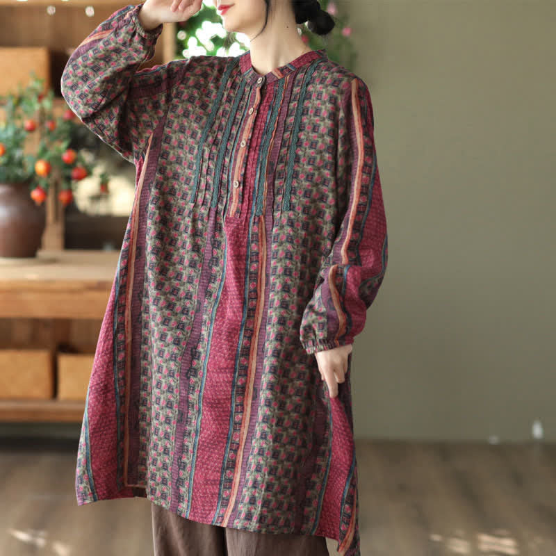 Buddha Stones Spring Fall Retro Boho Button-Up Striped Floral Women's Long Sleeve Dresses With Pocket - PaleVioletRed - US14,UK/AU18,EU46 (2XL) - image 19