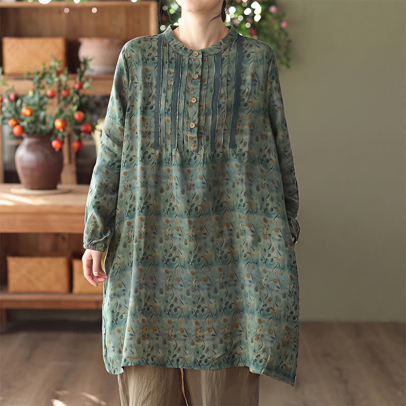 Buddha Stones Spring Fall Retro Boho Button-Up Striped Floral Women's Long Sleeve Dresses With Pocket - SeaGreen - US14,UK/AU18,EU46 (2XL) - image 4