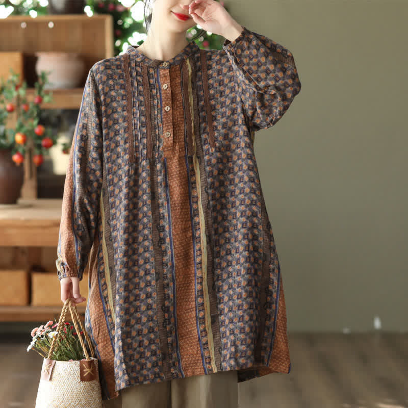 Buddha Stones Spring Fall Retro Boho Button-Up Striped Floral Women's Long Sleeve Dresses With Pocket - DarkGoldenrod - US14,UK/AU18,EU46 (2XL) - image 0