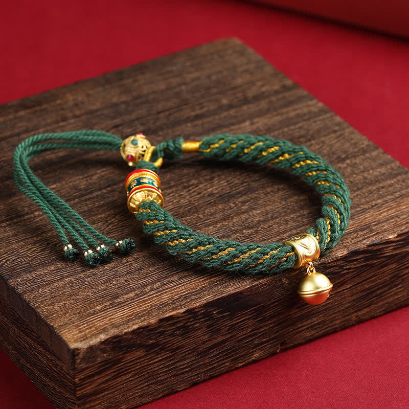 Buddha Stones Hand-Woven Tibetan Om Mani Padme Hum Wisdom Bell Charm Multicolor Rope Bracelet - Green - image 13
