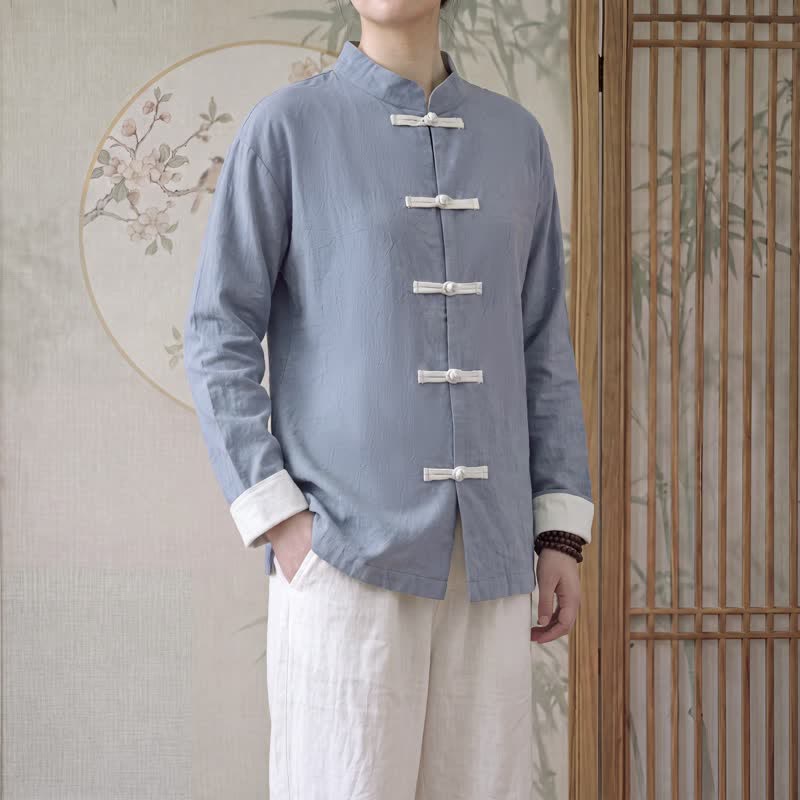 Buddha Stones Spring Fall Tang Style Minimalist Mandarin Collar Frog Button Solid Cotton Women's Long Sleeve Shirts - LightSlateGray - US16,UK/AU20,EU48 (5XL) - image 2