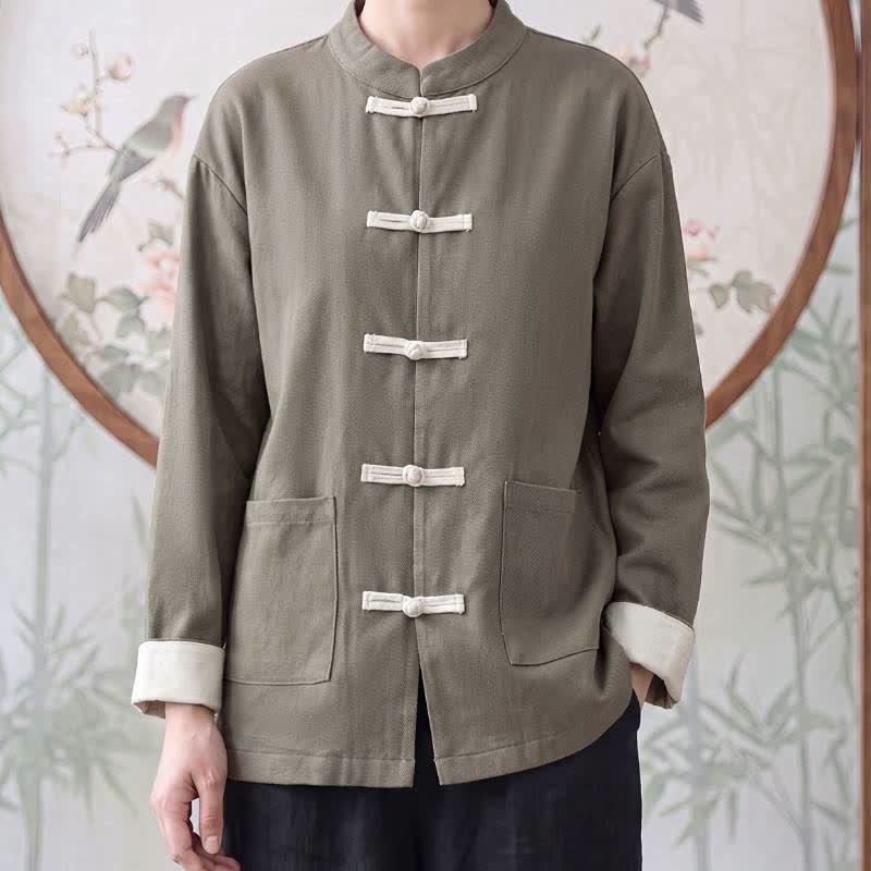 Buddha Stones Fall Winter Tang Style Vintage Mandarin Collar Frog Button Solid Women's Jackets With Pocket - DarkOliveGreen - US16,UK/AU20,EU48 (5XL) - image 7