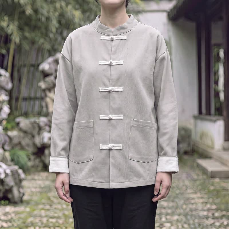 Buddha Stones Fall Winter Tang Style Vintage Mandarin Collar Frog Button Solid Women's Jackets With Pocket - Gainsboro - US16,UK/AU20,EU48 (5XL) - image 9