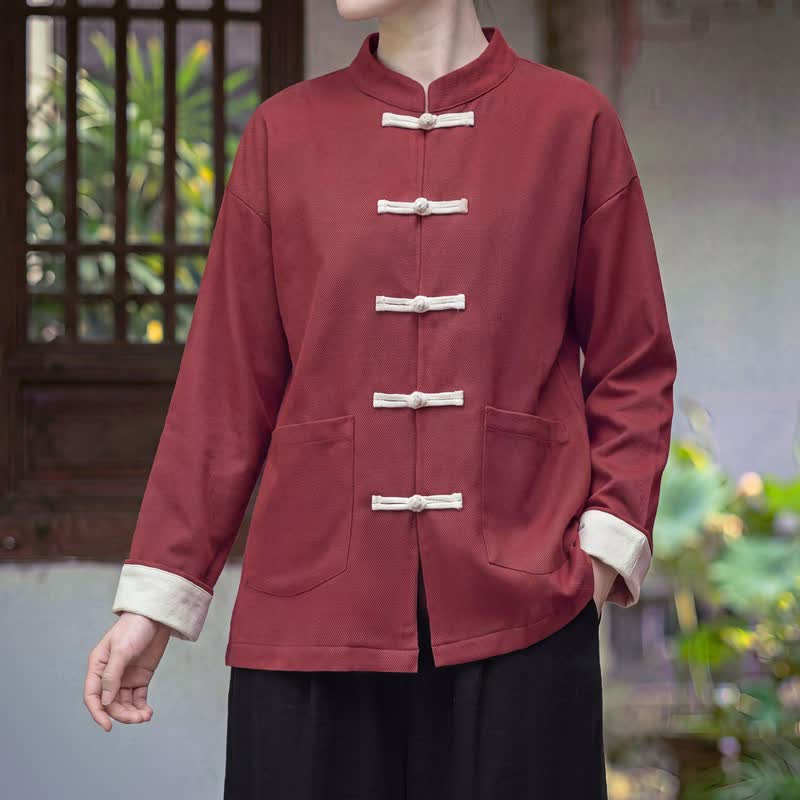 Buddha Stones Fall Winter Tang Style Vintage Mandarin Collar Frog Button Solid Women's Jackets With Pocket - FireBrick - US16,UK/AU20,EU48 (5XL) - image 0