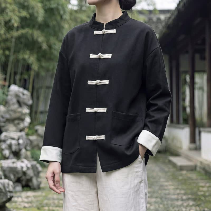 Buddha Stones Fall Winter Tang Style Vintage Mandarin Collar Frog Button Solid Women's Jackets With Pocket - Black - US16,UK/AU20,EU48 (5XL) - image 6
