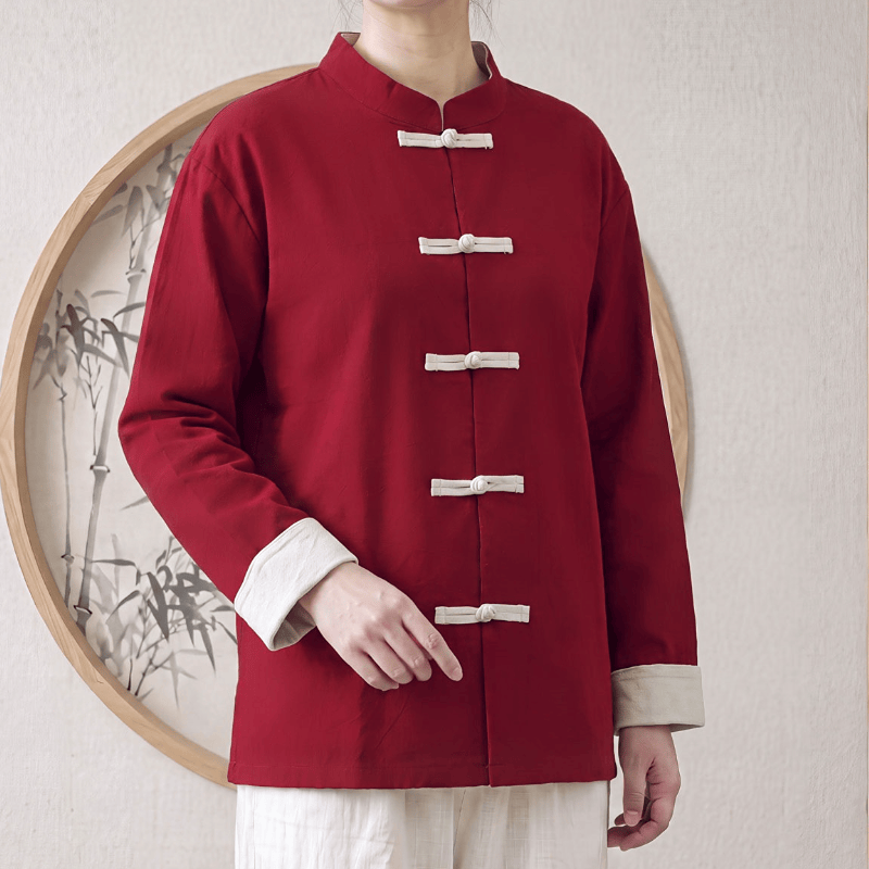 Buddha Stones Spring Fall Tang Style Minimalist Mandarin Collar Frog Button Solid Cotton Women's Long Sleeve Shirts - FireBrick - US16,UK/AU20,EU48 (5XL) - image 8