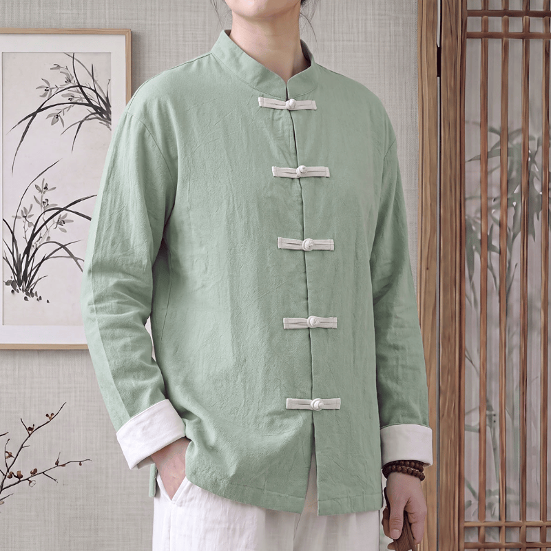 Buddha Stones Spring Fall Tang Style Minimalist Mandarin Collar Frog Button Solid Cotton Women's Long Sleeve Shirts - PaleGreen - US16,UK/AU20,EU48 (5XL) - image 0