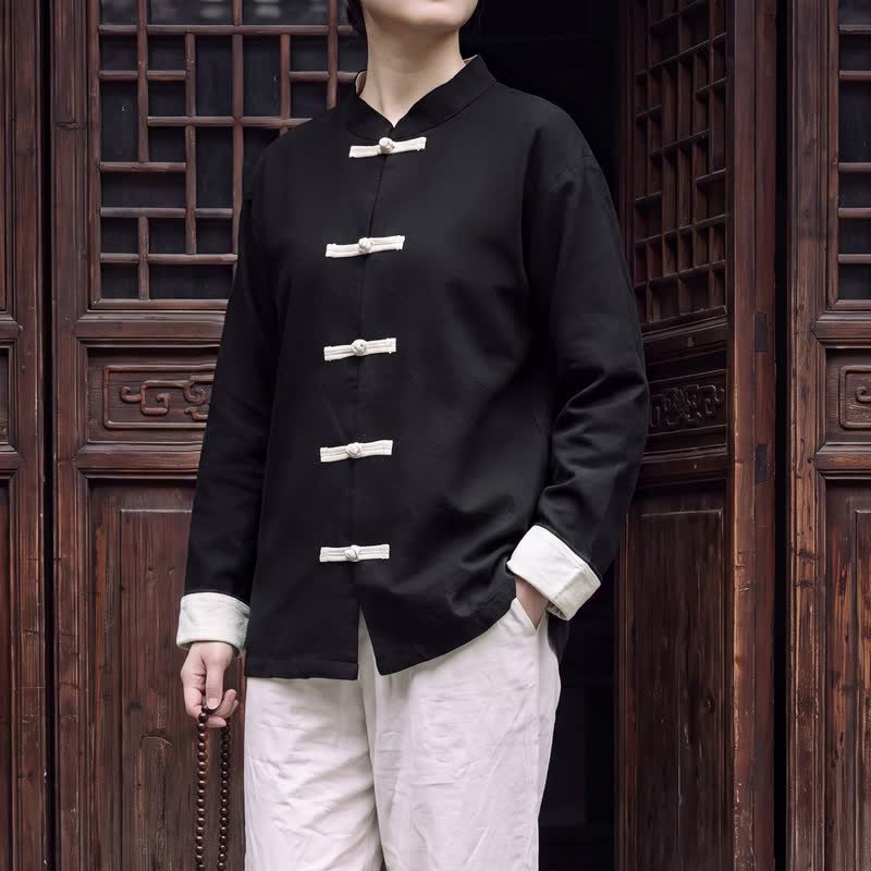 Buddha Stones Spring Fall Tang Style Minimalist Mandarin Collar Frog Button Solid Cotton Women's Long Sleeve Shirts - Black - US16,UK/AU20,EU48 (5XL) - image 12