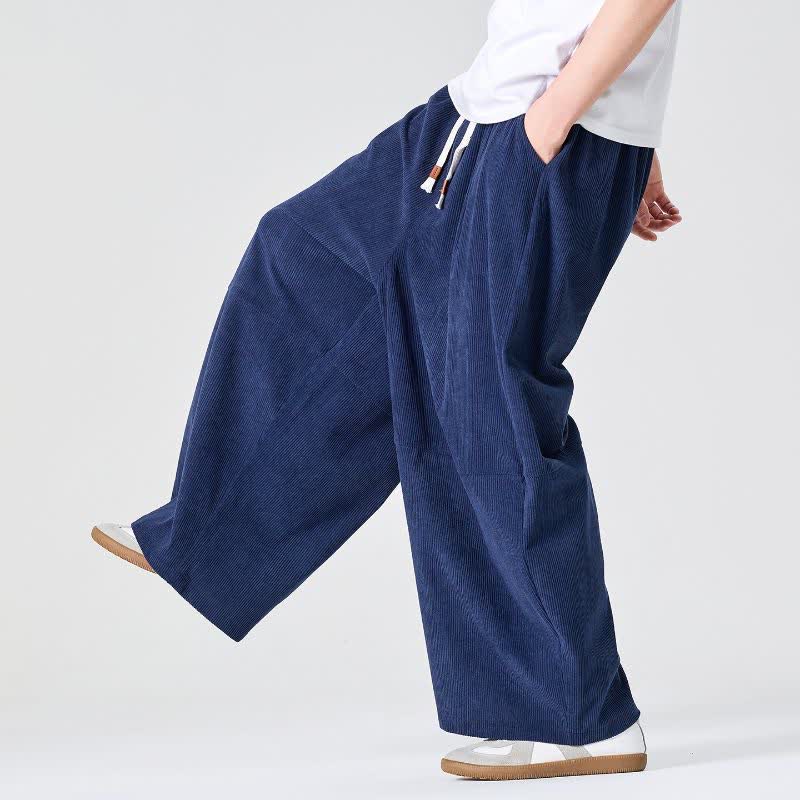 Buddha Stones Fall Winter Casual Corduroy Drawstring Solid Long Pants Men's Straight Leg Pants With Pocket - Navy - US/UK/AU46,EU56 (5XL) - image 0