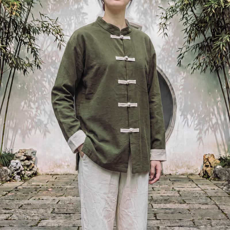 Buddha Stones Spring Fall Tang Style Minimalist Mandarin Collar Frog Button Solid Cotton Women's Long Sleeve Shirts - DarkOliveGreen - US16,UK/AU20,EU48 (5XL) - image 10